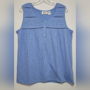 Collections Blue Buttoned Pleated Tank Top with Mandarin Collar